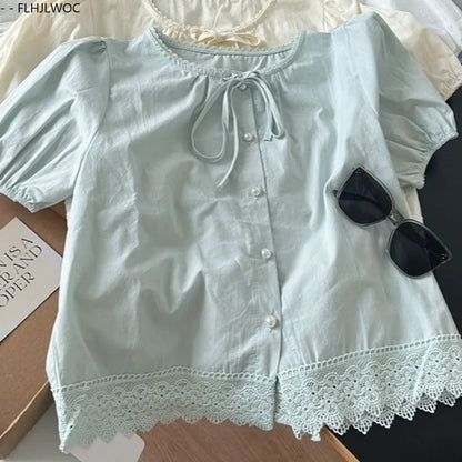 Cralom Lace Peplum Top - Short Sleeve Ruffles Hollow Out White Shirt