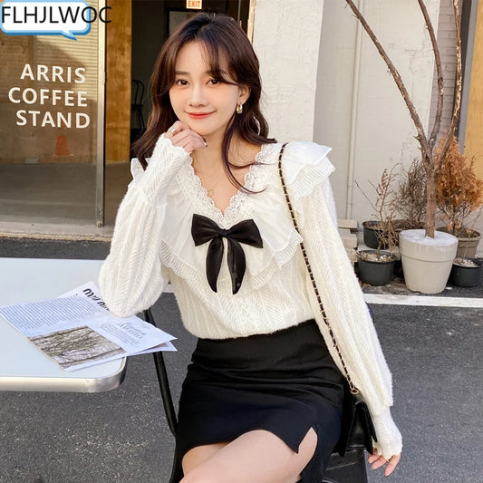 Cralom Lace Ruffle Bow Tie Blouse - White