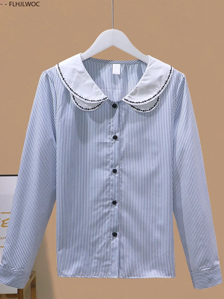 Cralom Embroidered Peter Pan Collar Blouse Long Sleeve Preppy Style Striped Shirt