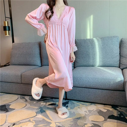 Cralom Long-sleeved Princess Style Nightgown for Women - Spring/Autumn Fashion with Chest Pad