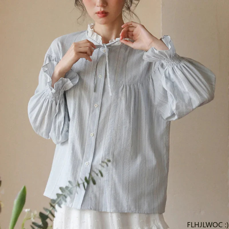 Cralom Sweet Girls Blue Stripe Button Shirt - Preppy Style Chic Stand Collar Blouse