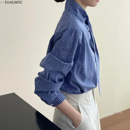 Cralom Preppy Style Blue Plaid Bow Tie Top Long Sleeve Loose Fit Blouse