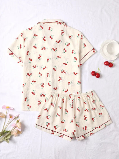 Cralom Cherry Print Pajama Set: Short Sleeve Top & Soft Elastic Shorts