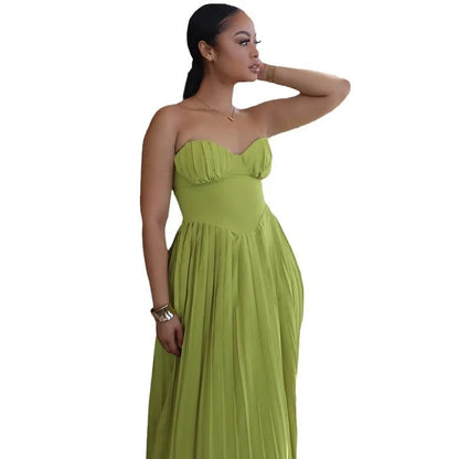 Cralom Solid Color Sleeveless Strapless Pleated Summer Dress
