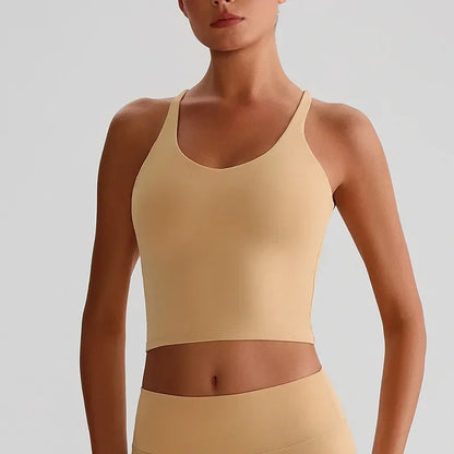 Cralom Nude Yoga Top with Detachable Chest Pads and Crossover Back