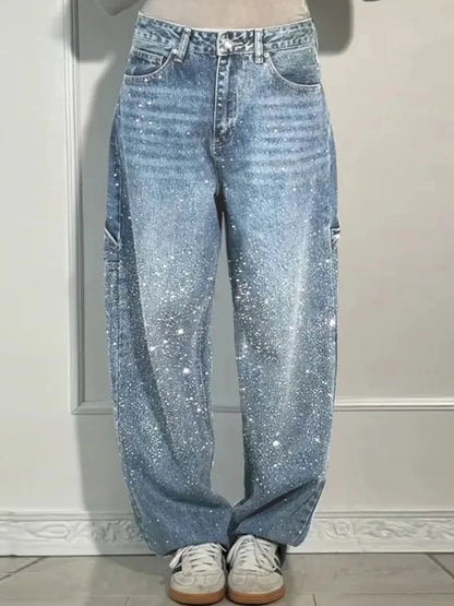 Cralom Rhinestone Wide Leg Vintage Jeans Women Y2K Korean Fashion Straight High Waist