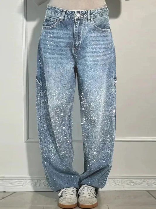 Cralom Rhinestone Wide Leg Vintage Jeans Women Y2K Korean Fashion Straight High Waist