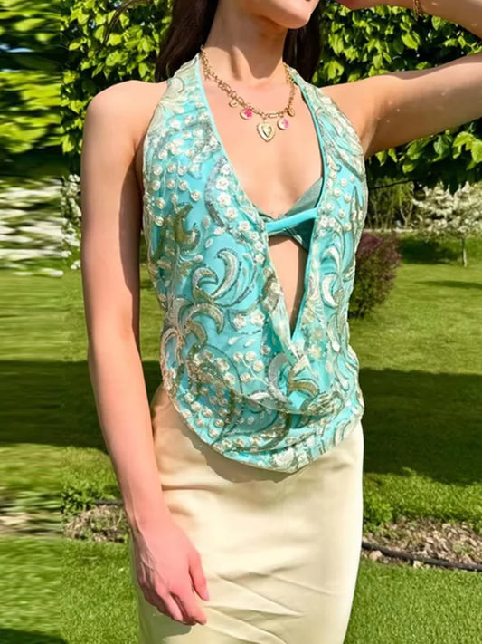 Cralom Sequined Halter Mesh Top | Backless Sleeveless Beach Vest Femme
