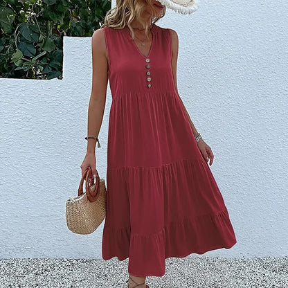 Cralom Women's Solid Color Loose A-Line Midi Dress - 2024 Summer Fashion