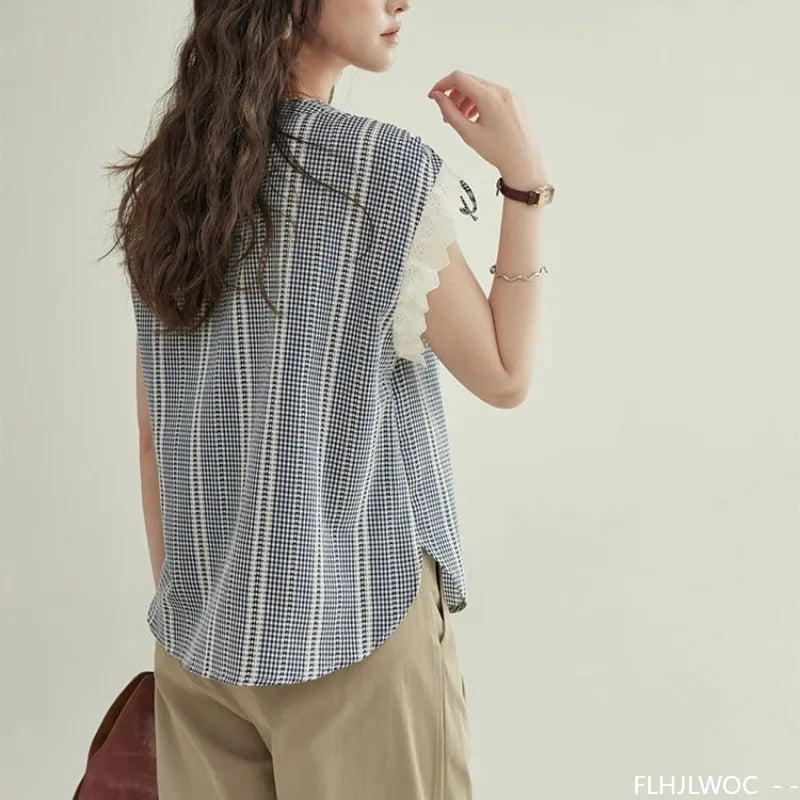 White Lace Sleeveless Plaid Shirt - Cralom Y2K Design Vintage Japan Style Top