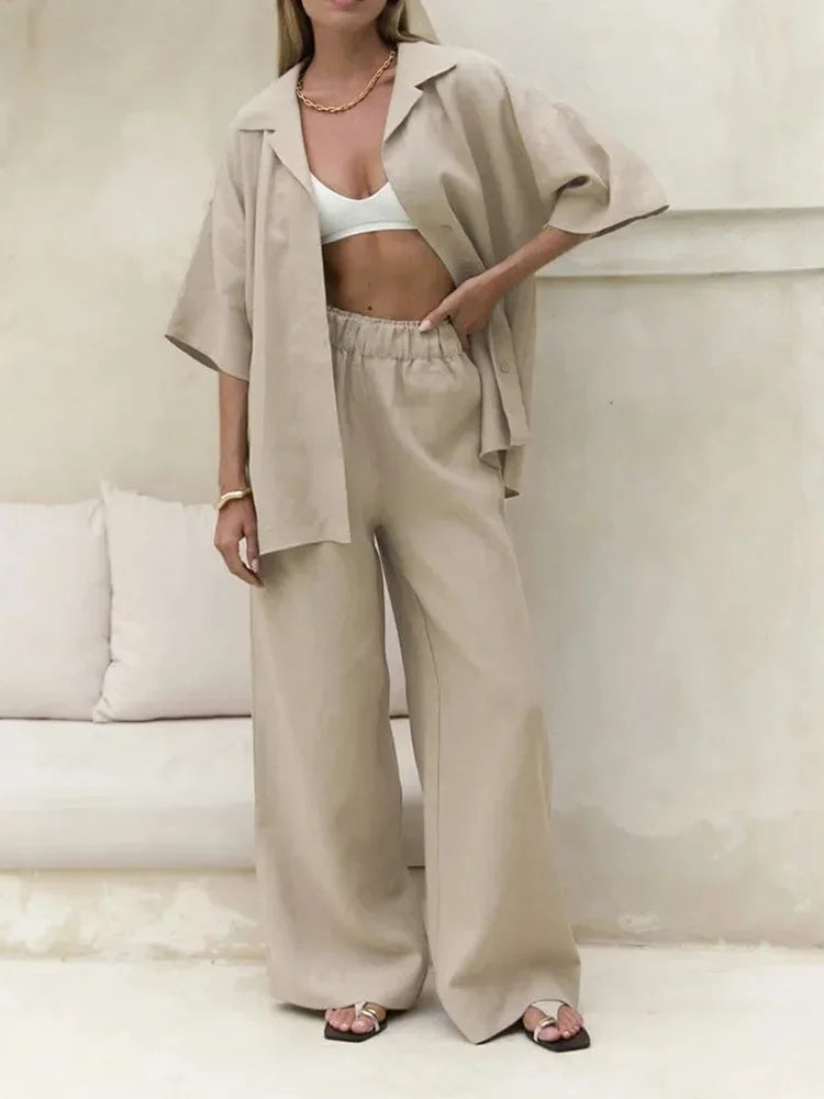 Cralom 2025 Summer Casual Cotton 2-Piece Set: Short-Sleeved Shirt & Loose Pants