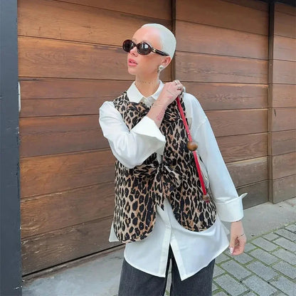 Cralom Leopard Print Lace-Up V-Neck Vest Women's Sleeveless Jacket Top