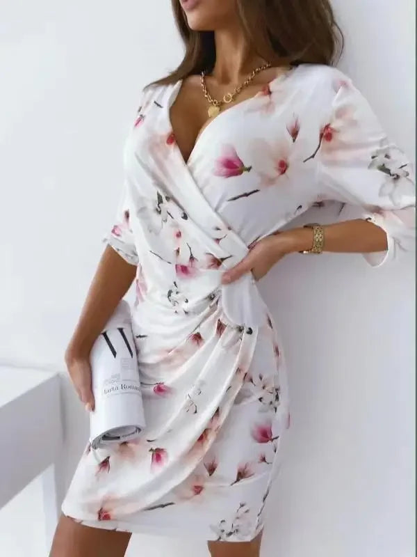 Cralom Printed V-neck Slim Dress for Autumn 2024