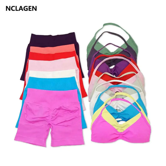 Cralom Strappy Bra & Shorts Yoga Set for Women - Pilates Fitness Sportswear