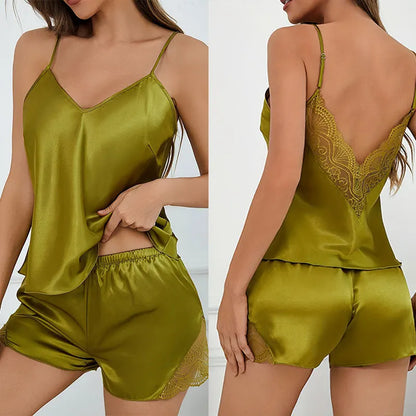 Cralom Lace Luxury Sleepwear Set: Backless Deep V Cami & Shorts