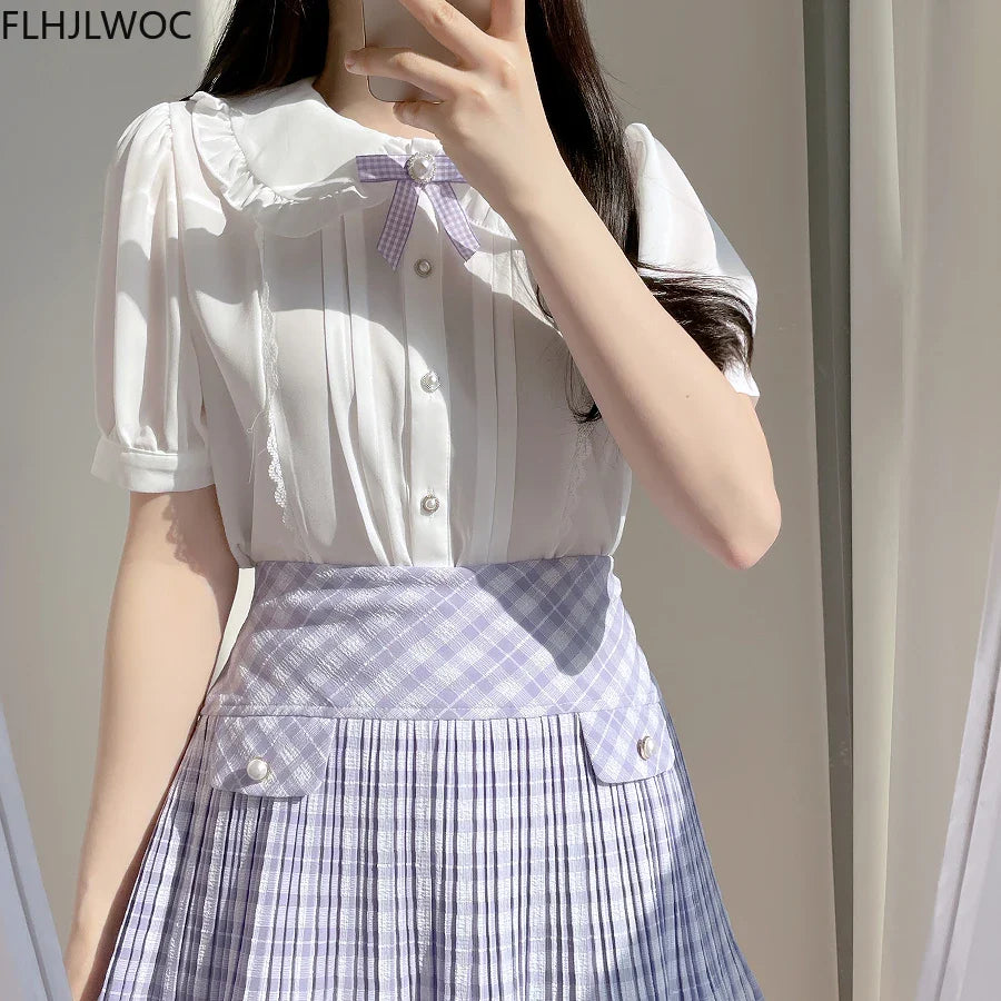 Cralom Sweet Girls Ribbon Bow Tie Blouse Light Blue Ruffles Lace Button Shirt