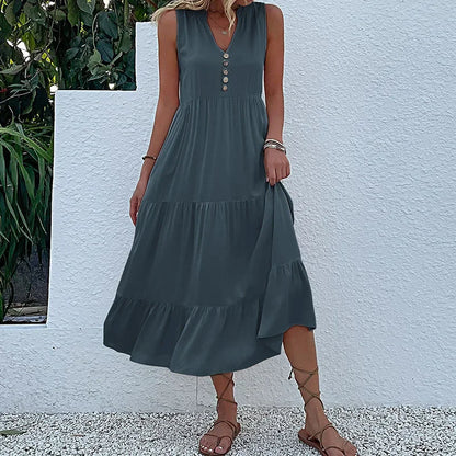 Cralom Women's Solid Color Loose A-Line Midi Dress - 2024 Summer Fashion