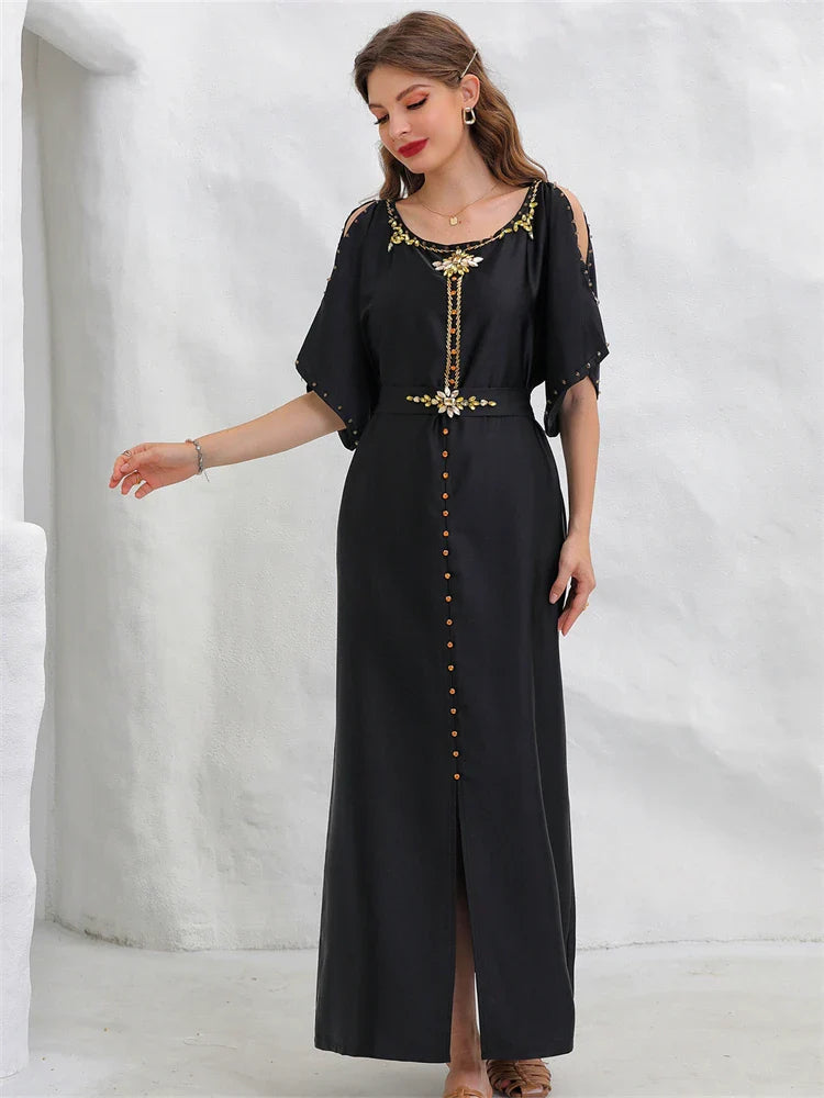 Cralom Black Satin Off Shoulder Abaya Dress - Plus Size Luxury Muslim Wear