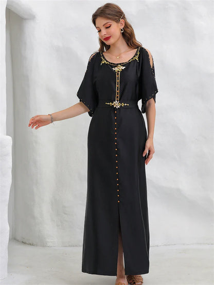 Cralom Black Satin Off Shoulder Abaya Dress - Plus Size Luxury Muslim Wear