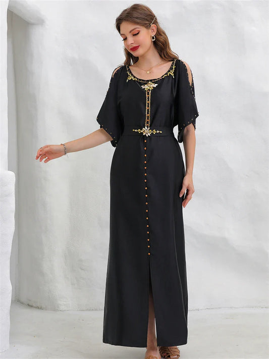 Cralom Black Satin Off Shoulder Abaya Dress - Plus Size Luxury Muslim Wear