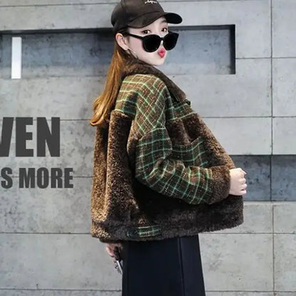Cralom Fluffy Plaid Fleece Jacket for Women Warm Winter Coat