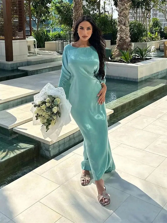 Cralom Eid Satin Batwing Abaya Maxi Dress for Muslim Women