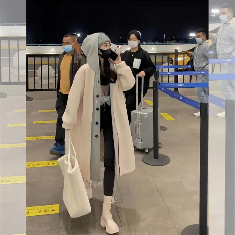 Cralom Faux Two-piece Hooded Cardigan Coat: Y2K Korean Fashion Plush Tide Streetwear