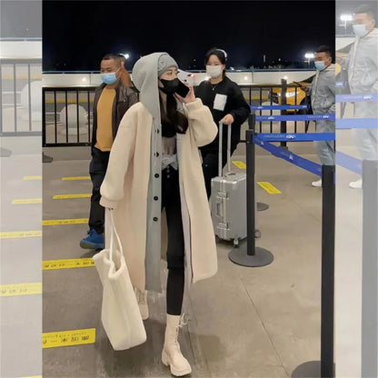 Cralom Faux Two-piece Hooded Cardigan Coat: Y2K Korean Fashion Plush Tide Streetwear