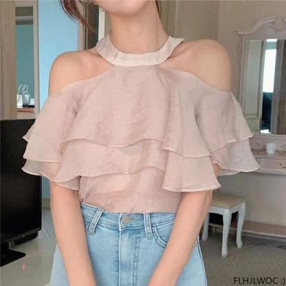 Cralom Sheer Mesh Off Shoulder Ruffle Top - Chic, Sexy, & Stylish