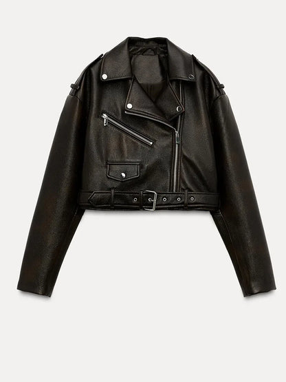 Cralom Retro Faux Leather Jacket with Belt and Zipper