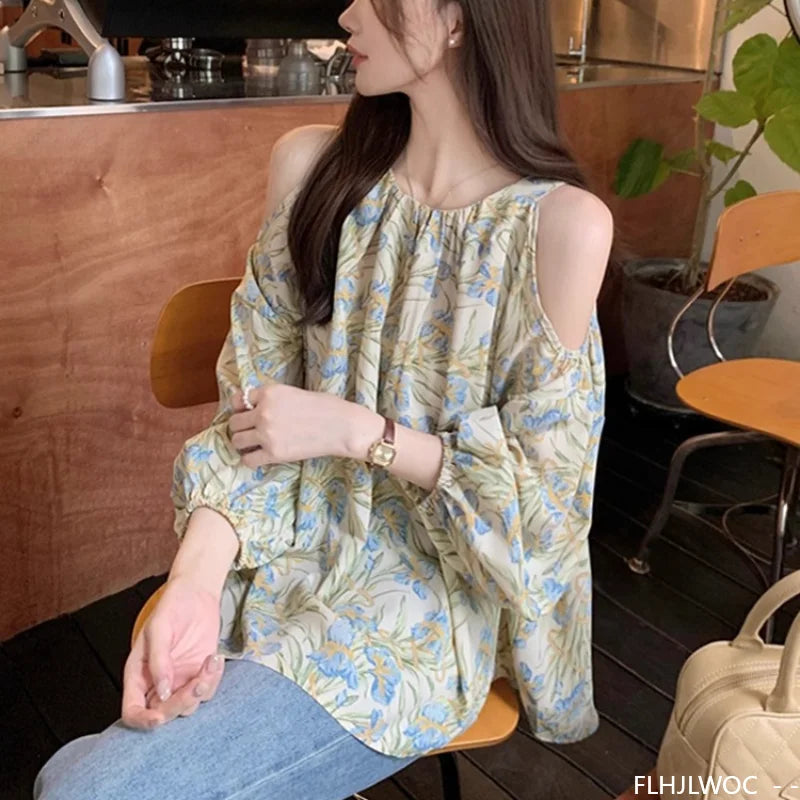 Cralom Floral Print Chiffon Off-Shoulder Top - Green