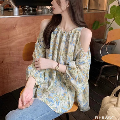 Cralom Floral Print Chiffon Off-Shoulder Top - Green