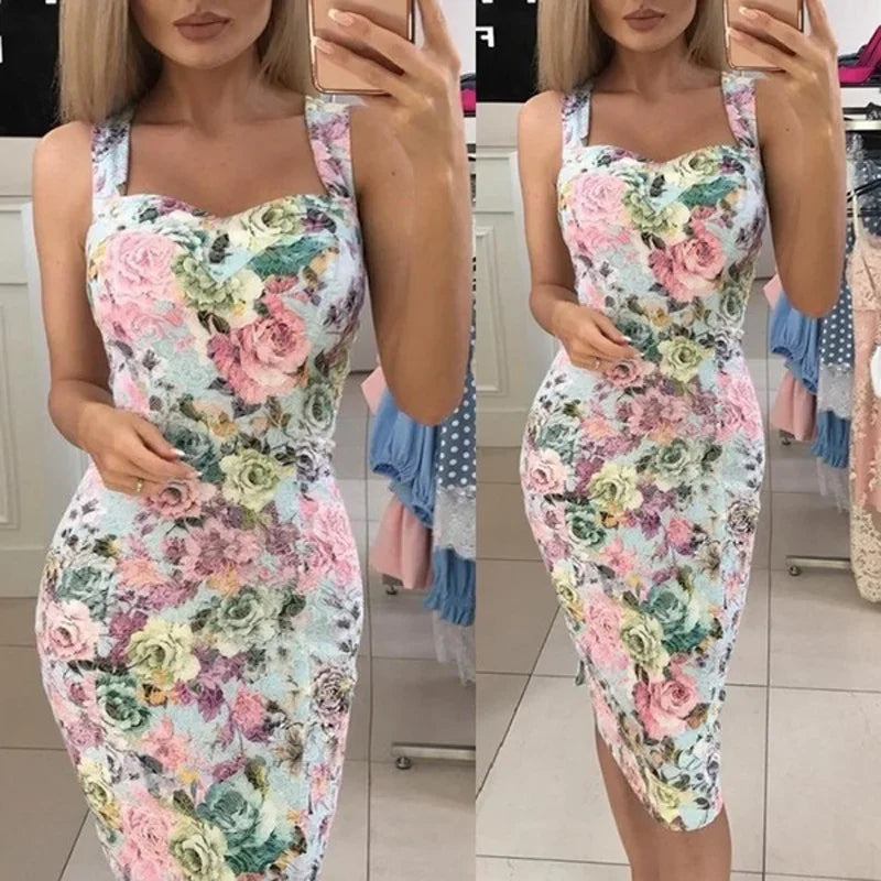 Cralom V-neck Camisole Dress Sleeveless Slim Fit Full Print Backless Slimming Design