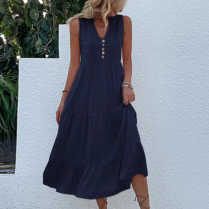 Cralom Women's Solid Color Loose A-Line Midi Dress - 2024 Summer Fashion