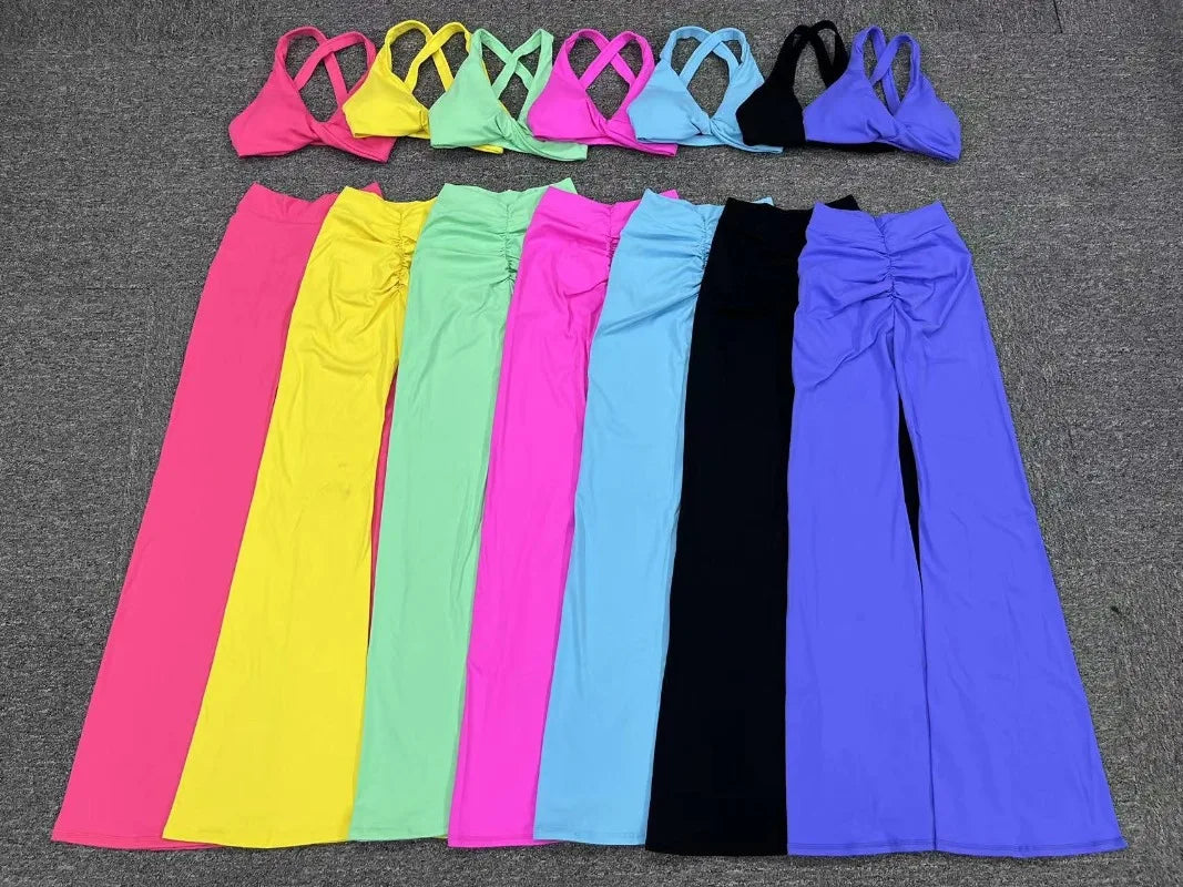 Cralom Flared Pants & Beauty Back Bra Set - Brushed Fabric Yoga Suit