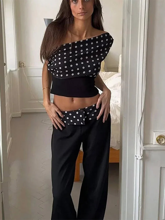 Cralom Off Shoulder Polka Dot Print Top with Backless Design