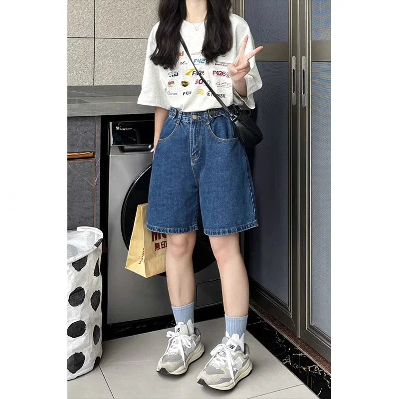 Cralom Women's Plus Size High Waist Denim Shorts Wide Leg Straight Leg Jeans