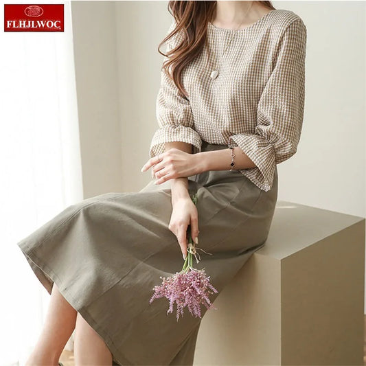 Cralom Retro Vintage Plaid Shirts Women Half Sleeve Office Lady Tops