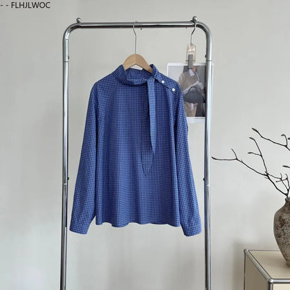 Cralom Preppy Style Blue Plaid Bow Tie Top Long Sleeve Loose Fit Blouse