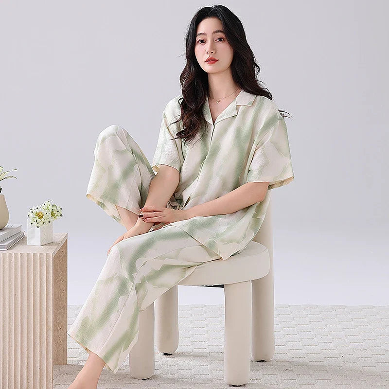 Cralom Soft Floral Print Pajama Set Short Sleeve Top Bra Inside Pant Comfort Sleepwear