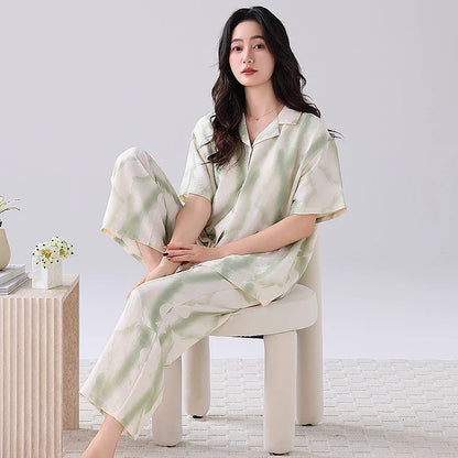 Cralom Soft Floral Print Pajama Set Short Sleeve Top Bra Inside Pant Comfort Sleepwear