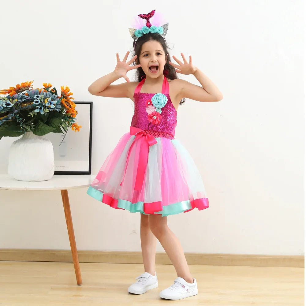 Cralom Mermaid Princess Tutu Dress Girls Cosplay Costume
