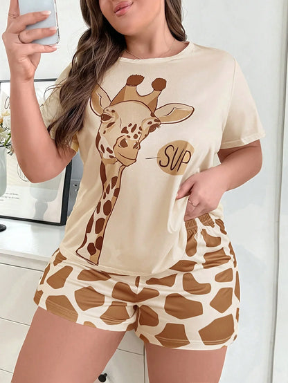 Cralom Giraffe Print Milk Silk Summer Pajama Set