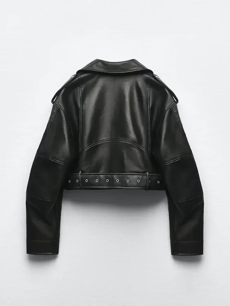 Cralom Oversized Vintage Faux Leather Jacket with Belt & Zipper – Retro Moto Biker Coat