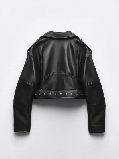 Cralom Oversized Vintage Faux Leather Jacket with Belt & Zipper – Retro Moto Biker Coat