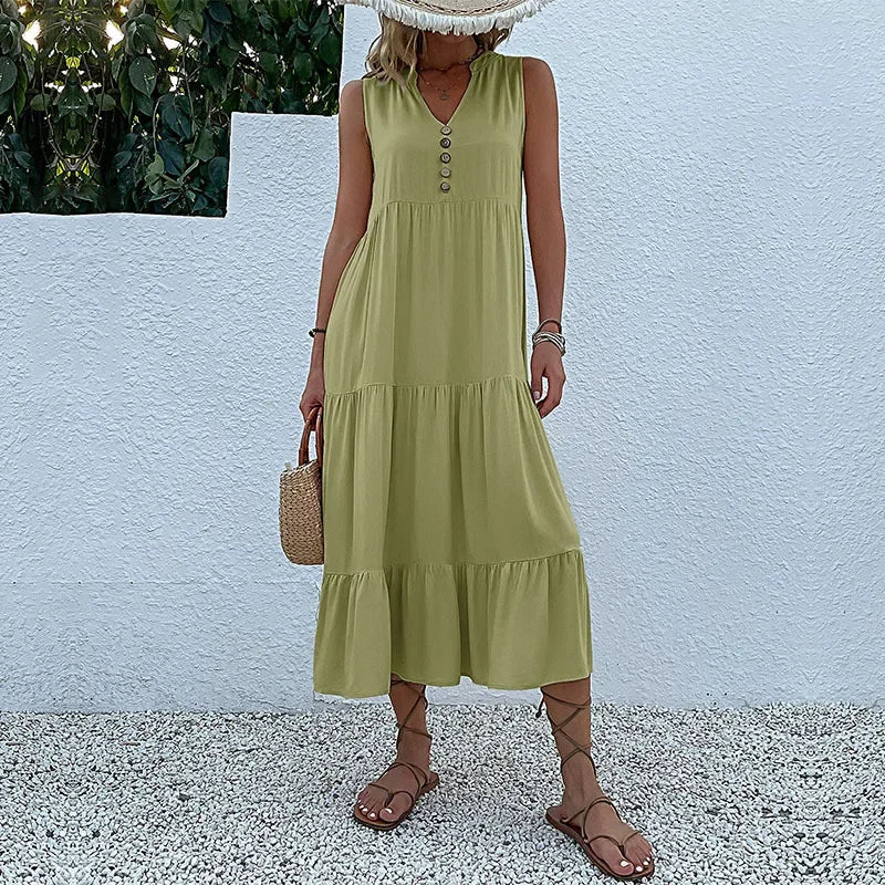 Cralom Women's Solid Color Loose A-Line Midi Dress - 2024 Summer Fashion