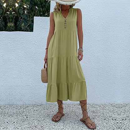 Cralom Women's Solid Color Loose A-Line Midi Dress - 2024 Summer Fashion