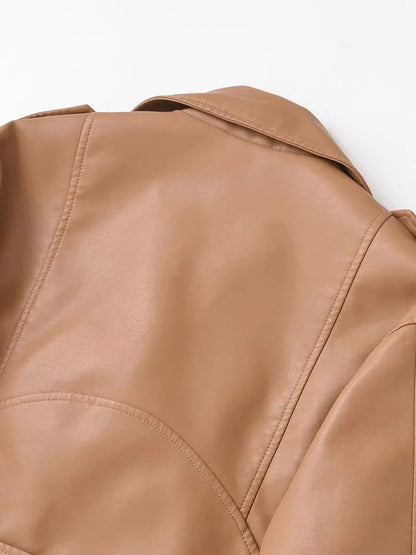 Cralom Faux Leather Jacket with Belt Zipper Lapel Spring Autumn Coat Women's Outwear