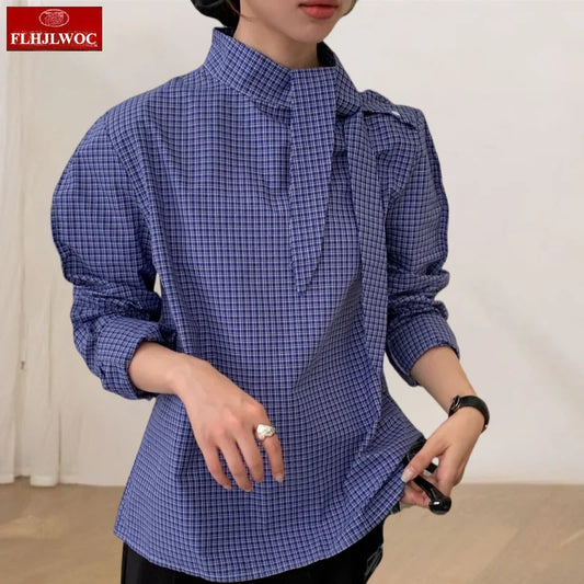 Cralom Preppy Style Blue Plaid Bow Tie Top Long Sleeve Loose Fit Blouse