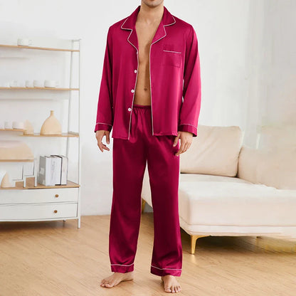 Cralom Men's Satin Pajama Set with Lapel Collar, Long Sleeve Tops & Pants